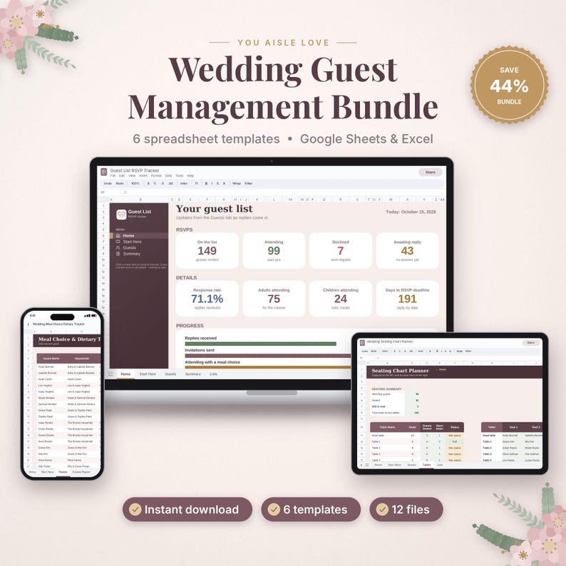 May include: A digital wedding guest management bundle featuring six spreadsheet templates for Google Sheets and Excel. The display shows a laptop, tablet, and smartphone screen with guest list trackers, RSVP summaries, and seating chart planners.