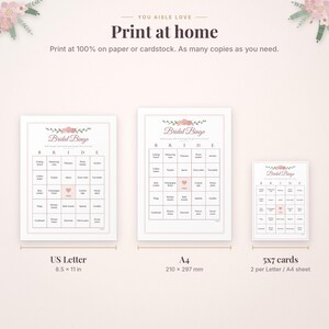 May include: A digital Bridal Bingo game set featuring floral accents and the text You Aisle Love Print at home. Includes three sizes: US Letter 8.5 x 11 inches, A4, and 5x7 cards, with a grid layout for wedding shower activities.