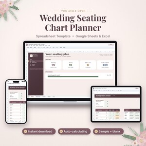 May include: A digital wedding seating chart planner spreadsheet template for Google Sheets and Excel displayed on a laptop, smartphone, and tablet. The interface features dark maroon and cream tones with data fields for guest counts, table assignments, and progress tracking.