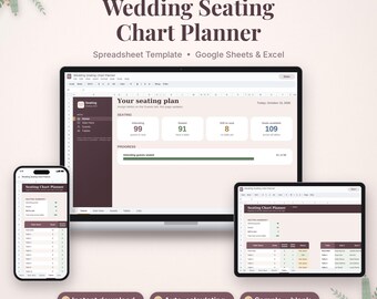 Puede incluir: Una plantilla de hoja de cálculo digital para organizar mesas de boda en Google Sheets y Excel, mostrada en un portátil, un smartphone y una tableta. La interfaz presenta tonos granate oscuro y crema con campos de datos para invitados y mesas.