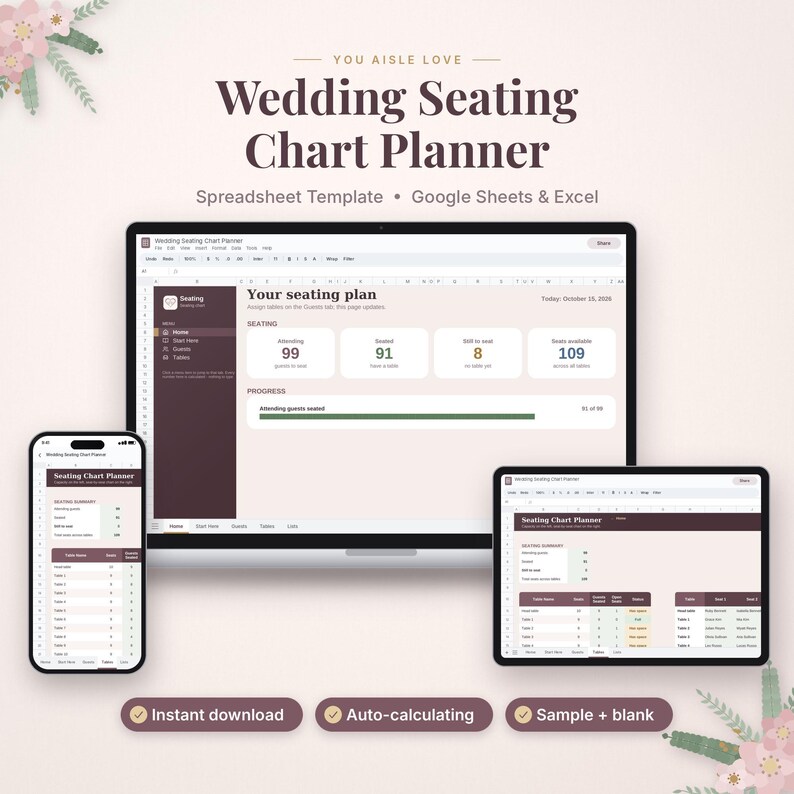 May include: A digital wedding seating chart planner spreadsheet template for Google Sheets and Excel displayed on a laptop, smartphone, and tablet. The interface features dark maroon and cream tones with data fields for guest counts, table assignments, and progress tracking.