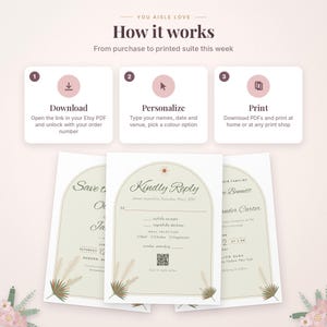 May include: An instructional graphic titled You Aisle Love How it works, detailing a three-step process to download, personalize, and print wedding stationery. Below are three arched cards featuring pampas grass illustrations and text for Save the Date, RSVP, and invitation details with a QR code.