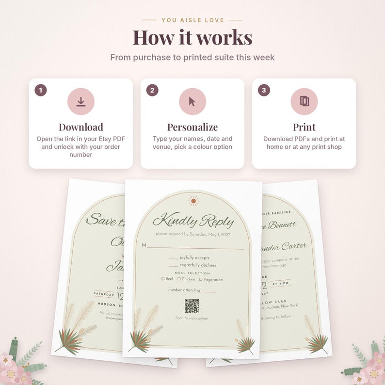 May include: An instructional graphic titled You Aisle Love How it works, detailing a three-step process to download, personalize, and print wedding stationery. Below are three arched cards featuring pampas grass illustrations and text for Save the Date, RSVP, and invitation details with a QR code.