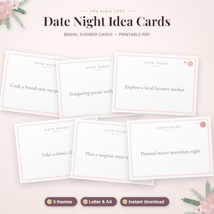 May include: A set of white rectangular date night idea cards with light pink borders and dark text. The cards feature prompts like Cook a brand-new recipe, Stargazing picnic, Explore a local farmers market, Take a dance class, and Themed movie marathon night.