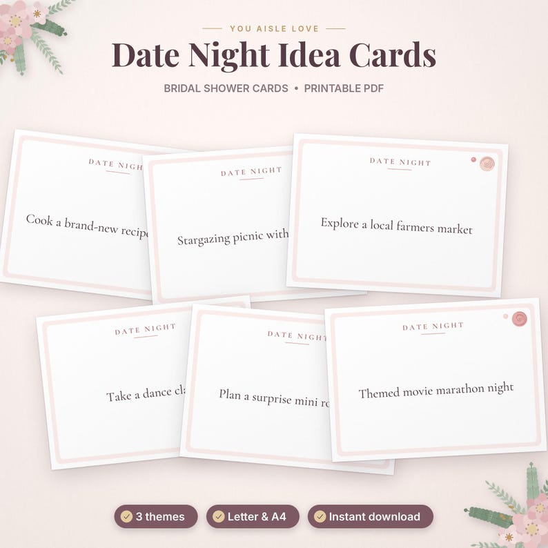 May include: A set of white rectangular date night idea cards with light pink borders and dark text. The cards feature prompts like Cook a brand-new recipe, Stargazing picnic, Explore a local farmers market, Take a dance class, and Themed movie marathon night.