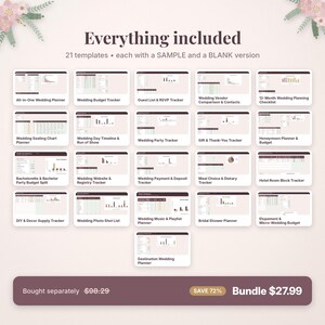 May include: A digital wedding planner bundle featuring 21 templates, each with a sample and blank version. The collection includes trackers for budgets, guests, vendors, seating, timelines, gifts, meals, and music, displayed in a grid layout.