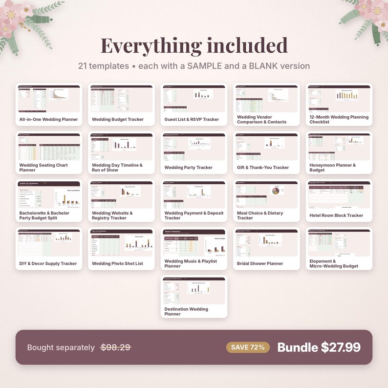 May include: A digital wedding planner bundle featuring 21 templates, each with a sample and blank version. The collection includes trackers for budgets, guests, vendors, seating, timelines, gifts, meals, and music, displayed in a grid layout.