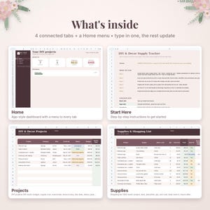 May include: A digital spreadsheet template for DIY project management featuring four connected tabs and a home menu. The interface displays a dashboard, instructions, a project tracker, and a supply list with columns for costs, status, and project details.