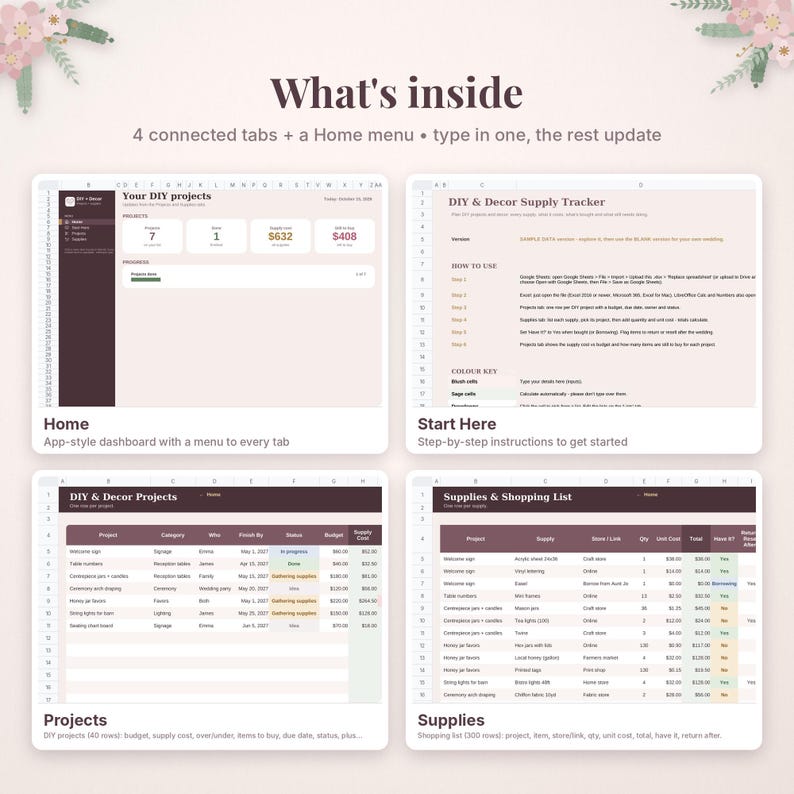 May include: A digital spreadsheet template for DIY project management featuring four connected tabs and a home menu. The interface displays a dashboard, instructions, a project tracker, and a supply list with columns for costs, status, and project details.