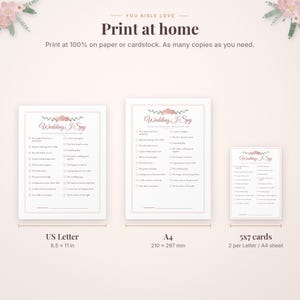 May include: A digital Wedding I Spy game template featuring pink floral accents. The text includes 'You Aisle Love', 'Print at home', and 'Wedding I Spy' with checklists. Sizes shown are US Letter 8.5 x 11 in, A4 210 x 297 mm, and 5x7 cards.