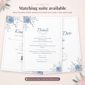 May include: A wedding details card featuring blue and white floral illustrations at the corners. The text includes ceremony, reception, and accommodation information for Olivia and James on June 12, 2027, at The Willow Barn in Hudson, New York.