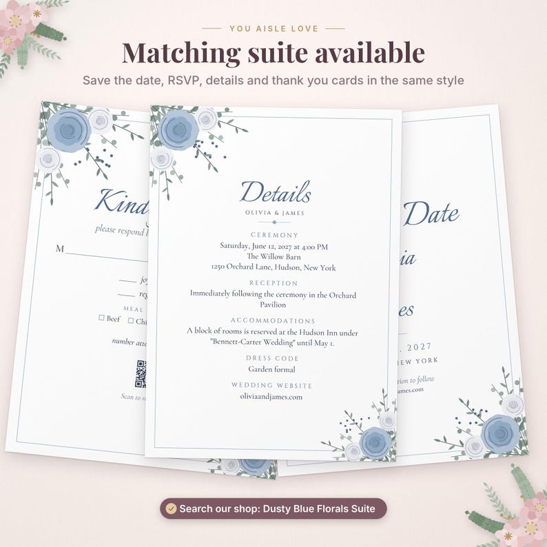 May include: A wedding details card featuring blue and white floral illustrations at the corners. The text includes ceremony, reception, and accommodation information for Olivia and James on June 12, 2027, at The Willow Barn in Hudson, New York.