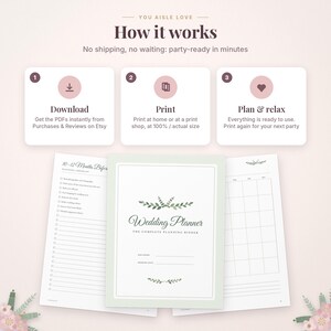 May include: A digital wedding planner set featuring a cover page with green leaf illustrations and the text Wedding Planner The Complete Planning Binder, alongside a 10-12 months before checklist and a monthly calendar page layout.