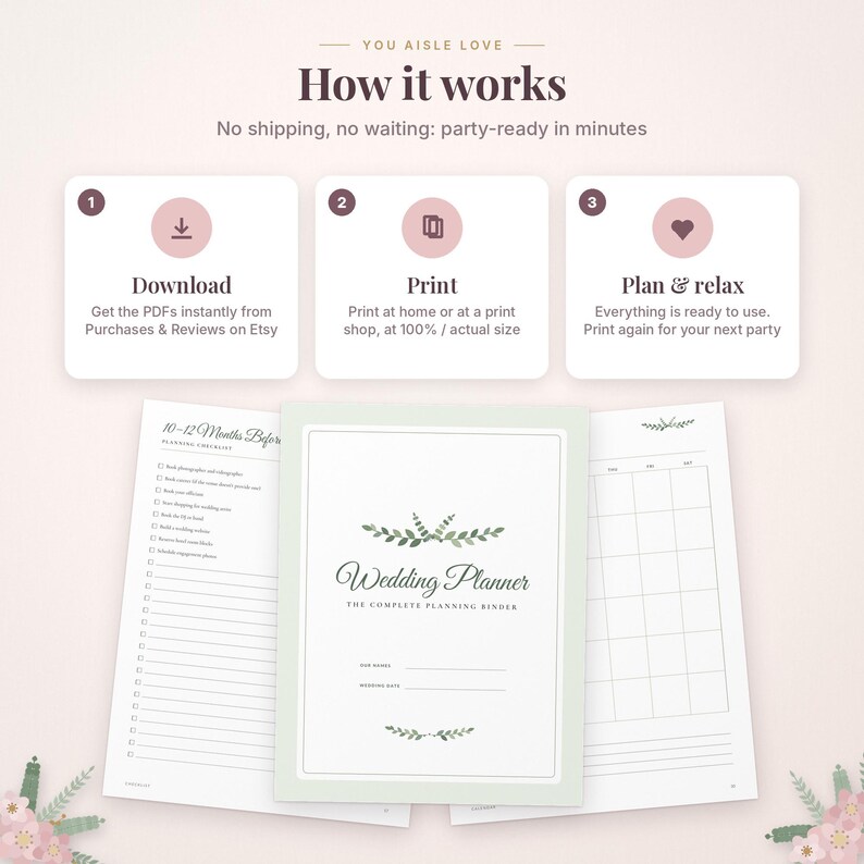 May include: A digital wedding planner set featuring a cover page with green leaf illustrations and the text Wedding Planner The Complete Planning Binder, alongside a 10-12 months before checklist and a monthly calendar page layout.