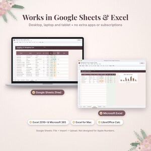 May include: A digital spreadsheet template for tracking supplies and projects, compatible with Google Sheets and Excel. The interface displays tables and charts for budget management, with text labels indicating compatibility for desktop, laptop, and tablet.