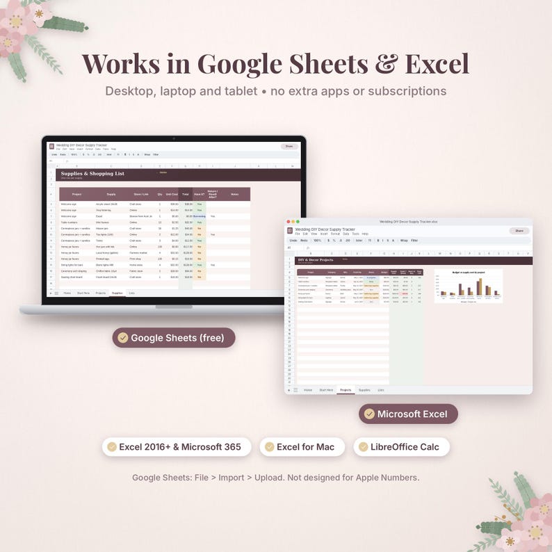 May include: A digital spreadsheet template for tracking supplies and projects, compatible with Google Sheets and Excel. The interface displays tables and charts for budget management, with text labels indicating compatibility for desktop, laptop, and tablet.