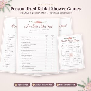 May include: A set of printable bridal shower game cards featuring floral accents and the text "You Aisle Love," "Personalized Bridal Shower Games," "He Said, She Said," and "Bridal Shower Bingo" with checkboxes and lists for event activities.