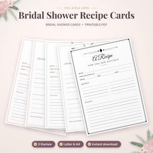 Pode incluir: Um conjunto de cart&otilde;es de receitas imprim&iacute;veis para ch&aacute; de panela com o texto A Recipe For The New Kitchen, Recipe, From The Kitchen Of, Serves, Prep, Cook, Ingredients, Directions e With Love From, em leque.