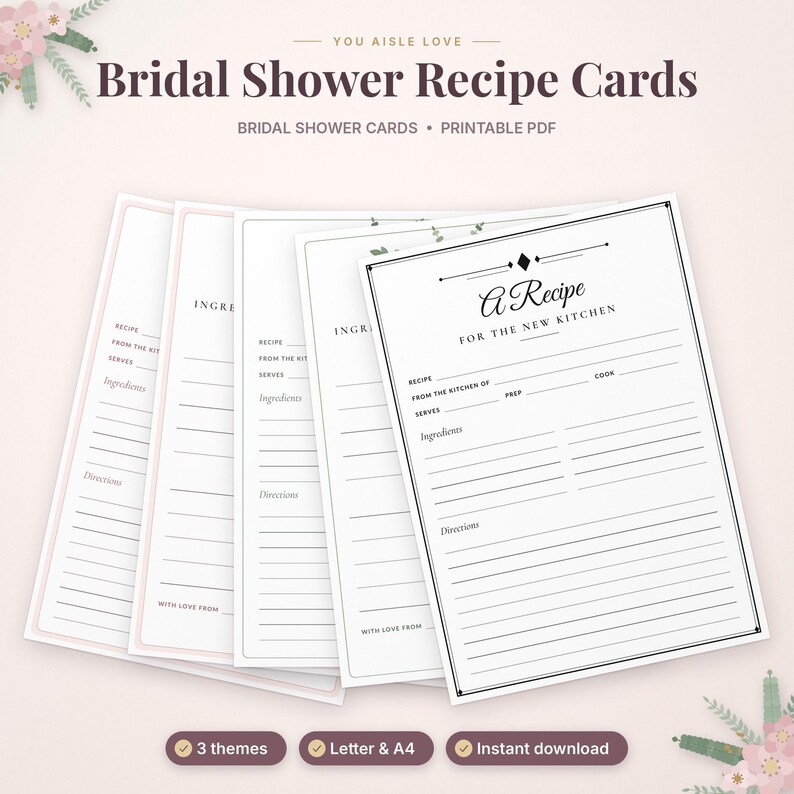 Pode incluir: Um conjunto de cart&otilde;es de receitas imprim&iacute;veis para ch&aacute; de panela com o texto A Recipe For The New Kitchen, Recipe, From The Kitchen Of, Serves, Prep, Cook, Ingredients, Directions e With Love From, em leque.