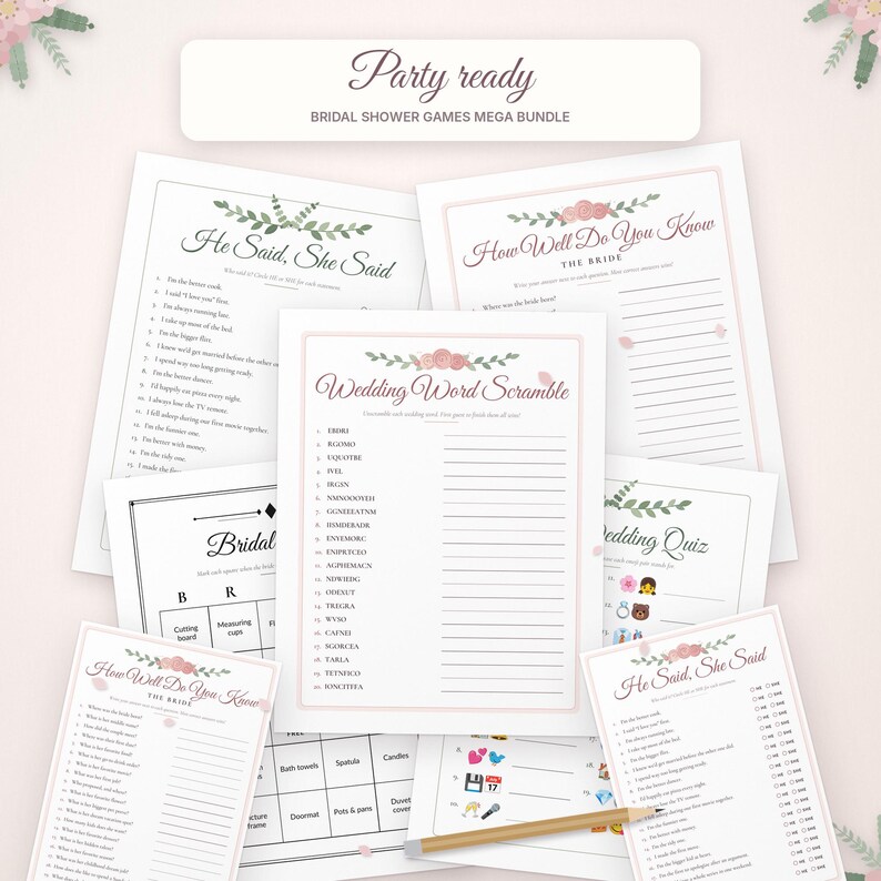 May include: A collection of bridal shower game cards featuring floral accents and text including Party ready, Bridal Shower Games Mega Bundle, He Said She Said, How Well Do You Know The Bride, and Wedding Word Scramble with a wooden pencil.