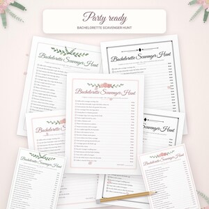 May include: A collection of printed Bachelorette Scavenger Hunt game cards featuring floral accents, checkboxes, and point values. The cards include text such as Party ready and Bachelorette Scavenger Hunt. A wooden pencil rests on the papers.