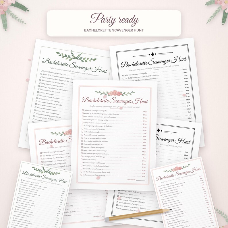 May include: A collection of printed Bachelorette Scavenger Hunt game cards featuring floral accents, checkboxes, and point values. The cards include text such as Party ready and Bachelorette Scavenger Hunt. A wooden pencil rests on the papers.