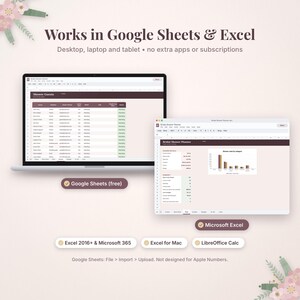 May include: A digital bridal shower planner template displayed on two laptop screens, compatible with Google Sheets and Microsoft Excel. The interface shows guest lists, event details, and bar charts. Text includes Works in Google Sheets & Excel.