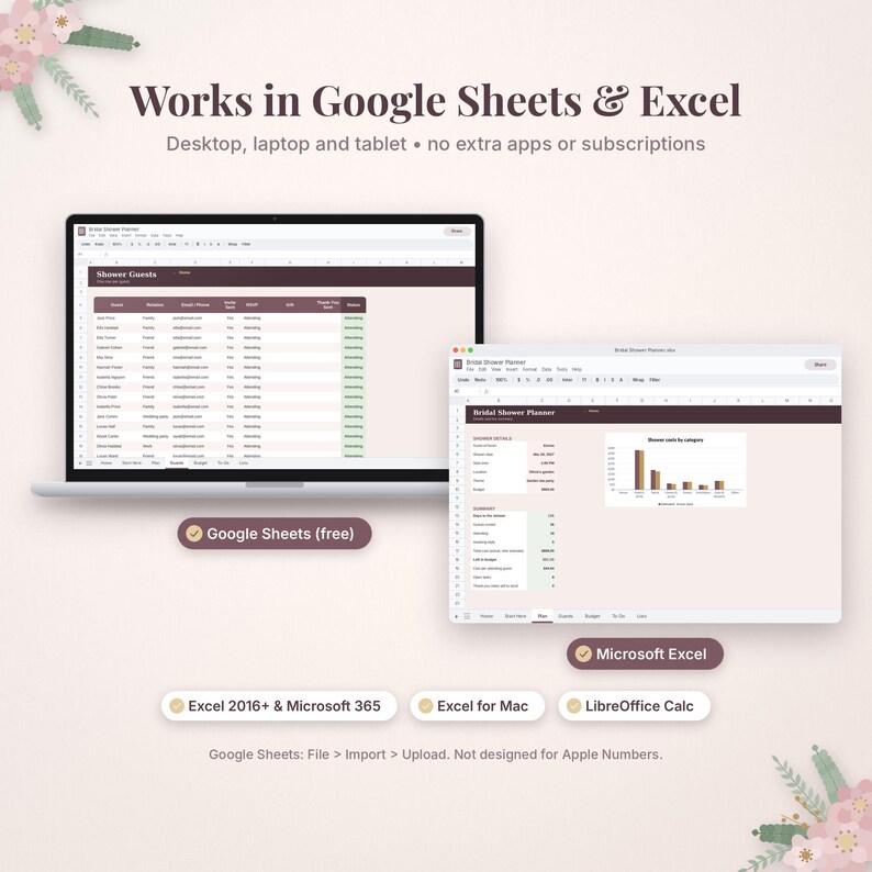 May include: A digital bridal shower planner template displayed on two laptop screens, compatible with Google Sheets and Microsoft Excel. The interface shows guest lists, event details, and bar charts. Text includes Works in Google Sheets & Excel.
