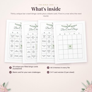 May include: A set of white bar crawl bingo cards featuring green leaf illustrations at the top. The cards include the text Bar Crawl Bingo and BRIDE across the top grid columns. Each card contains a five-by-five grid with various challenges.