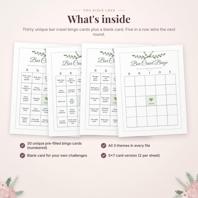 May include: A set of white bar crawl bingo cards featuring green leaf illustrations at the top. The cards include the text Bar Crawl Bingo and BRIDE across the top grid columns. Each card contains a five-by-five grid with various challenges.
