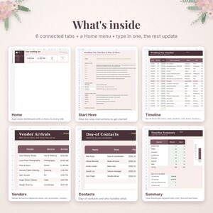 Pode incluir: Um modelo de planejador de casamento digital com seis abas conectadas e um menu inicial. A interface inclui se&ccedil;&otilde;es para cronograma, chegadas de fornecedores, listas de contatos e um painel de resumo em tons de rosa claro e marrom escuro.