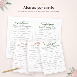 May include: Printable wedding game cards featuring Advice for the Newlyweds and Our Wedding Day fill-in-the-blank templates. The white cards display green leaf and pink floral accents, with text instructions and blank lines for writing. A wooden pencil is included.