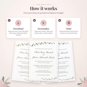 Puede incluir: Un gr&aacute;fico instructivo titulado You Aisle Love How it works, que detalla un proceso de tres pasos para descargar, personalizar e imprimir invitaciones de boda. Debajo se muestran tres tarjetas de invitaci&oacute;n con motivos de ramas de olivo.