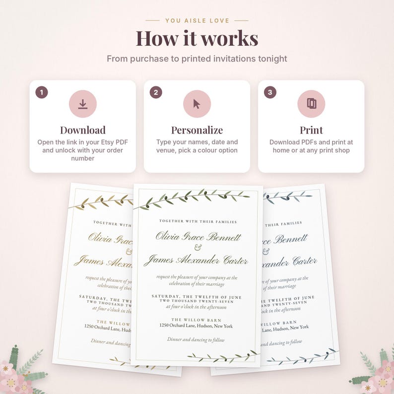 Puede incluir: Un gr&aacute;fico instructivo titulado You Aisle Love How it works, que detalla un proceso de tres pasos para descargar, personalizar e imprimir invitaciones de boda. Debajo se muestran tres tarjetas de invitaci&oacute;n con motivos de ramas de olivo.
