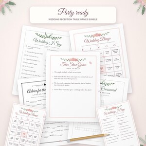 May include: A collection of wedding reception table game cards featuring floral accents and text including Party ready, Wedding I Spy, Wedding Bingo, The Shoe Game, and Advice for the newlyweds. A wooden pencil lies across the paper sheets.