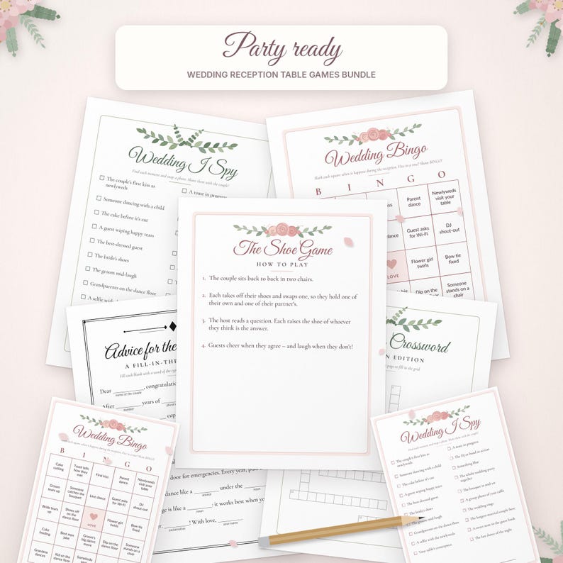 May include: A collection of wedding reception table game cards featuring floral accents and text including Party ready, Wedding I Spy, Wedding Bingo, The Shoe Game, and Advice for the newlyweds. A wooden pencil lies across the paper sheets.