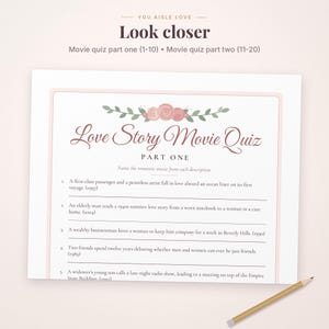 Pode incluir: Uma folha de papel branca intitulada Love Story Movie Quiz Part One com uma ilustra&ccedil;&atilde;o floral rosa no topo. O texto inclui cinco perguntas numeradas. Um l&aacute;pis de madeira com uma borracha cinza repousa no canto inferior direito.