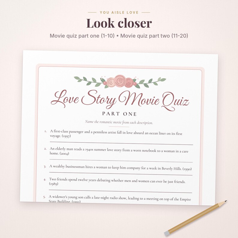 Pode incluir: Uma folha de papel branca intitulada Love Story Movie Quiz Part One com uma ilustra&ccedil;&atilde;o floral rosa no topo. O texto inclui cinco perguntas numeradas. Um l&aacute;pis de madeira com uma borracha cinza repousa no canto inferior direito.
