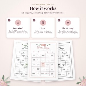May include: A digital instructional graphic titled You Aisle Love How it works, featuring three steps: Download, Print, and Play & laugh. Below are three printable Bridal Bingo game cards with floral accents and a grid of household items.