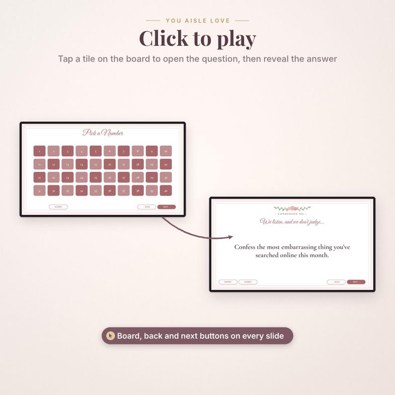 May include: A digital game interface titled You Aisle Love featuring a board with numbered tiles. One screen shows a grid of numbered squares, while the other displays a question: Confess the most embarrassing thing you've searched online this month.