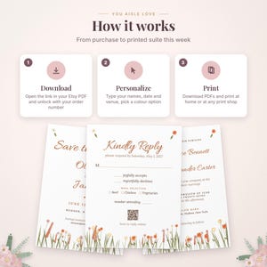 May include: An instructional graphic titled How it works with three steps: Download, Personalize, and Print. Below are three wedding stationery cards featuring floral illustrations, text including Kindly Reply, and a QR code for online responses.