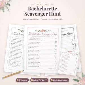 May include: A printable Bachelorette Scavenger Hunt party game set featuring multiple sheets with checklists, point values, and floral accents. The text reads Bachelorette Scavenger Hunt, and includes a wooden pencil for marking tasks.