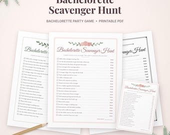 May include: A printable Bachelorette Scavenger Hunt party game set featuring multiple sheets with checklists, point values, and floral accents. The text reads Bachelorette Scavenger Hunt, and includes a wooden pencil for marking tasks.