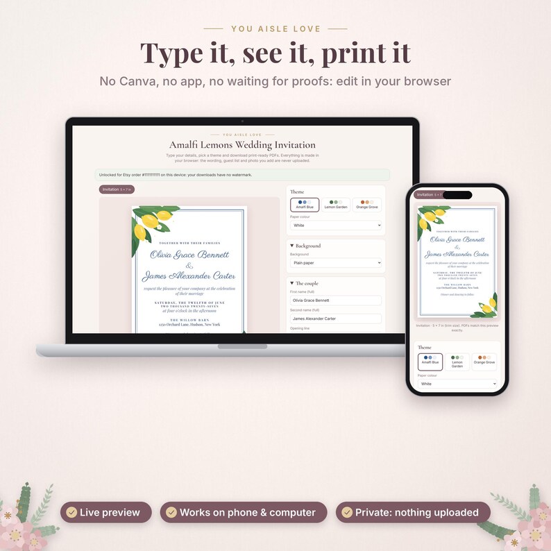 Może przedstawiać: Laptop i smartfon wyświetlające edytowalny szablon zaproszenia ślubnego Amalfi Lemons. Ekran pokazuje pola tekstowe na imiona i szczeg&oacute;ły wydarzenia, z nagł&oacute;wkiem Type it, see it, print it oraz No Canva, no app.