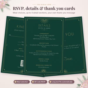 K&ouml;nnte beinhalten: Ein Set aus drei dunkelgr&uuml;nen Hochzeitspapeterie-Karten mit goldenen Linienr&auml;ndern und Sonnen-Symbolen. Die Karten enthalten Text f&uuml;r RSVP, Veranstaltungsdetails f&uuml;r Olivia und James sowie Dankeskarten, inklusive eines QR-Codes.