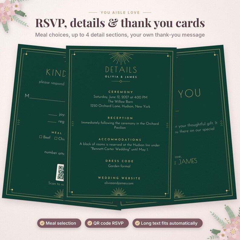 K&ouml;nnte beinhalten: Ein Set aus drei dunkelgr&uuml;nen Hochzeitspapeterie-Karten mit goldenen Linienr&auml;ndern und Sonnen-Symbolen. Die Karten enthalten Text f&uuml;r RSVP, Veranstaltungsdetails f&uuml;r Olivia und James sowie Dankeskarten, inklusive eines QR-Codes.