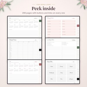 May include: A digital wedding planner with 298 pages featuring interactive buttons and links. The layout displays a 2026 calendar, a budget by category tracker, a planning checklist, a 12-month timeline, and a day of plans section.