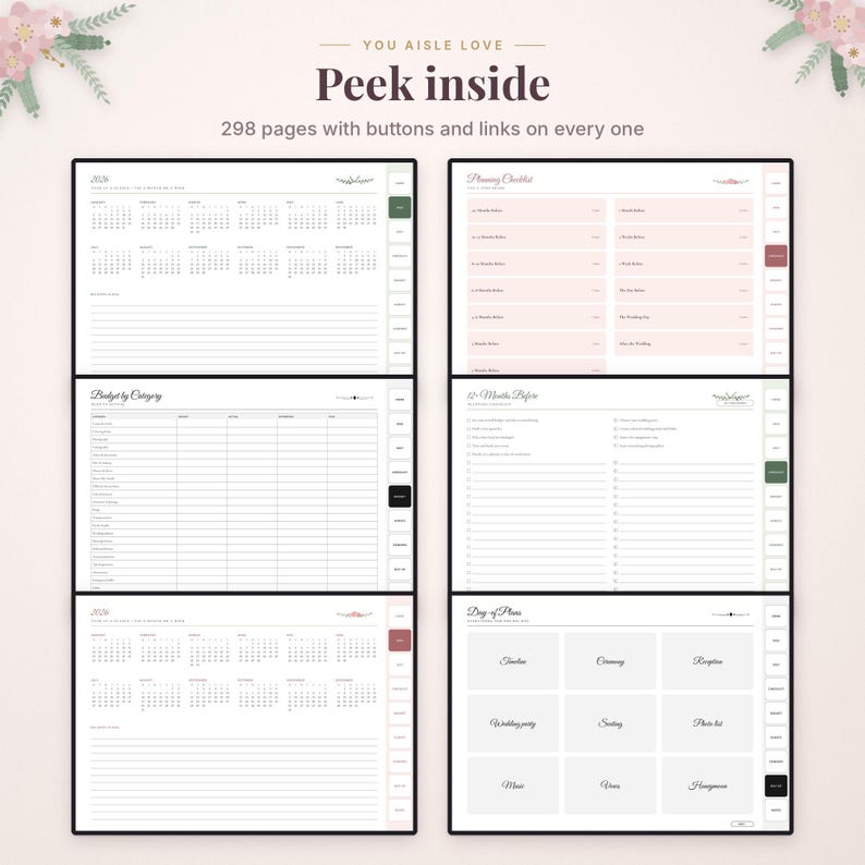 May include: A digital wedding planner with 298 pages featuring interactive buttons and links. The layout displays a 2026 calendar, a budget by category tracker, a planning checklist, a 12-month timeline, and a day of plans section.