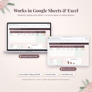 Puede incluir: Una hoja de c&aacute;lculo digital de seguimiento de habitaciones de hotel en dos pantallas, compatible con Google Sheets y Excel. La interfaz muestra encabezados granates, tablas de datos y gr&aacute;ficos. El texto incluye Works in Google Sheets & Excel, Desktop, laptop and tablet, y Google Sheets: File > Import > Upload.
