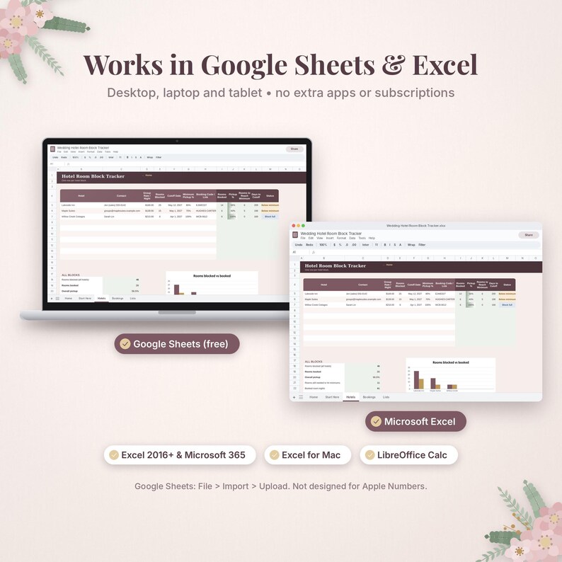 Puede incluir: Una hoja de c&aacute;lculo digital de seguimiento de habitaciones de hotel en dos pantallas, compatible con Google Sheets y Excel. La interfaz muestra encabezados granates, tablas de datos y gr&aacute;ficos. El texto incluye Works in Google Sheets & Excel, Desktop, laptop and tablet, y Google Sheets: File > Import > Upload.